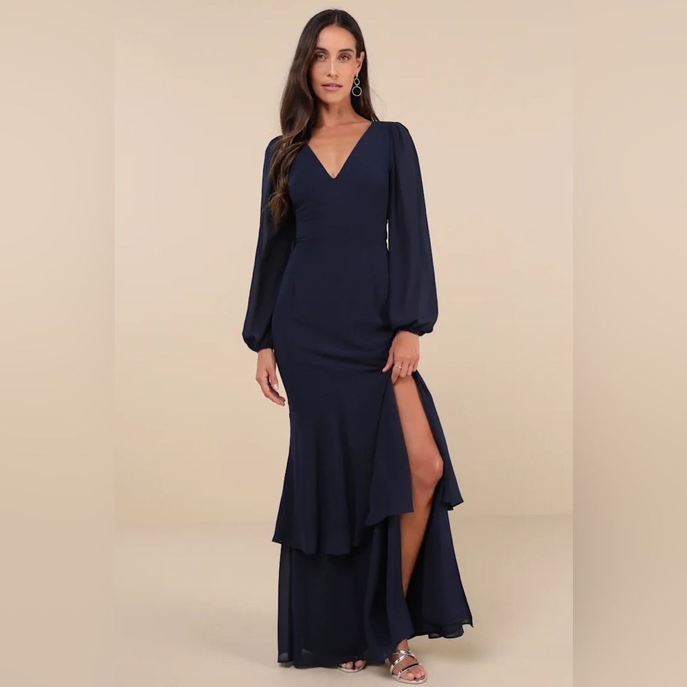 Lulus Tier Elegance Navy Long Sleeve Tiered Maxi Dress